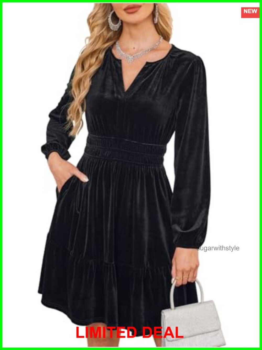 Velvet Long Sleeve Mini Dress V Neck Empire Waist Cocktail Party